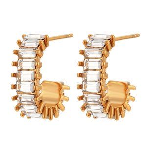 Small Sparkly Zircon J shape Chunky Hoop Earring 18K Gold Plated Stainless Steel